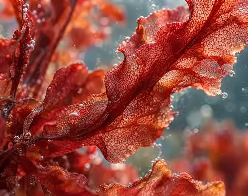 Algue rouge sous l’eau entourée de bulles, en gros plan, évoquant l’astaxanthine