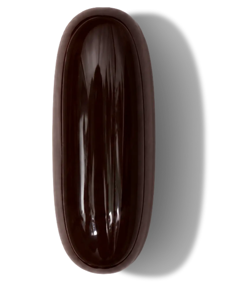 Capsule molle ODAK 3+ d'Odakare de couleur brun foncé, combinant oméga-3, vitamines D3 et K2, astaxanthine et CoQ10