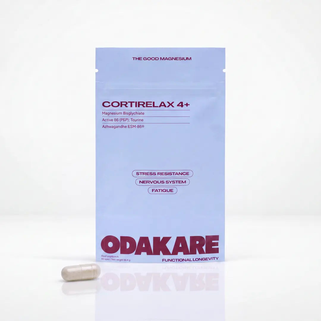 Lavender blue resealable Odakare Cortirelax 4+ pouch with a capsule in front of it, on a white background