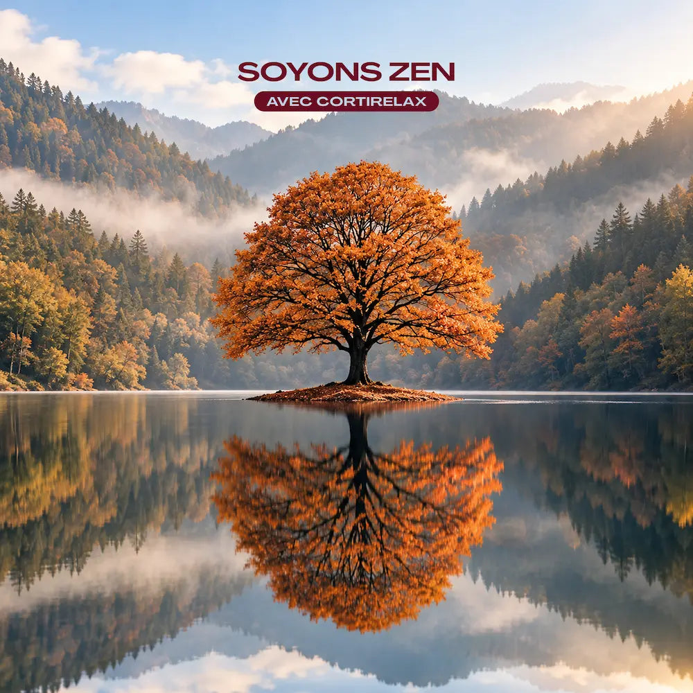Tree with orange autumn leaves on an islet, reflected in a calm lake surrounded by wooded hills and mist. Text: "Soyons zen avec Cortirelax" (Let's stay zen with Cortirelax)