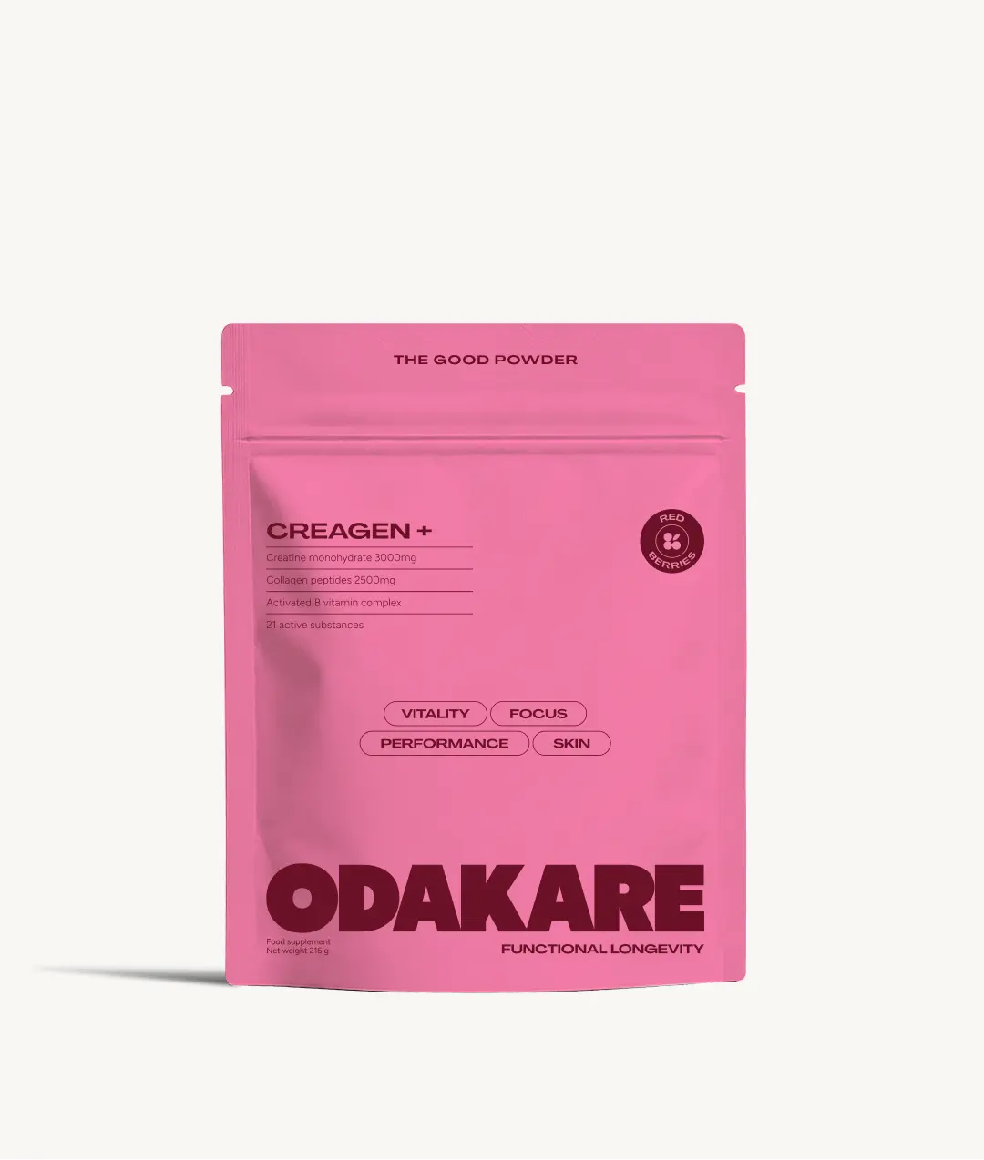 Pink resealable Odakare Creagen+ Red Berries pouch, front view, on a cream background