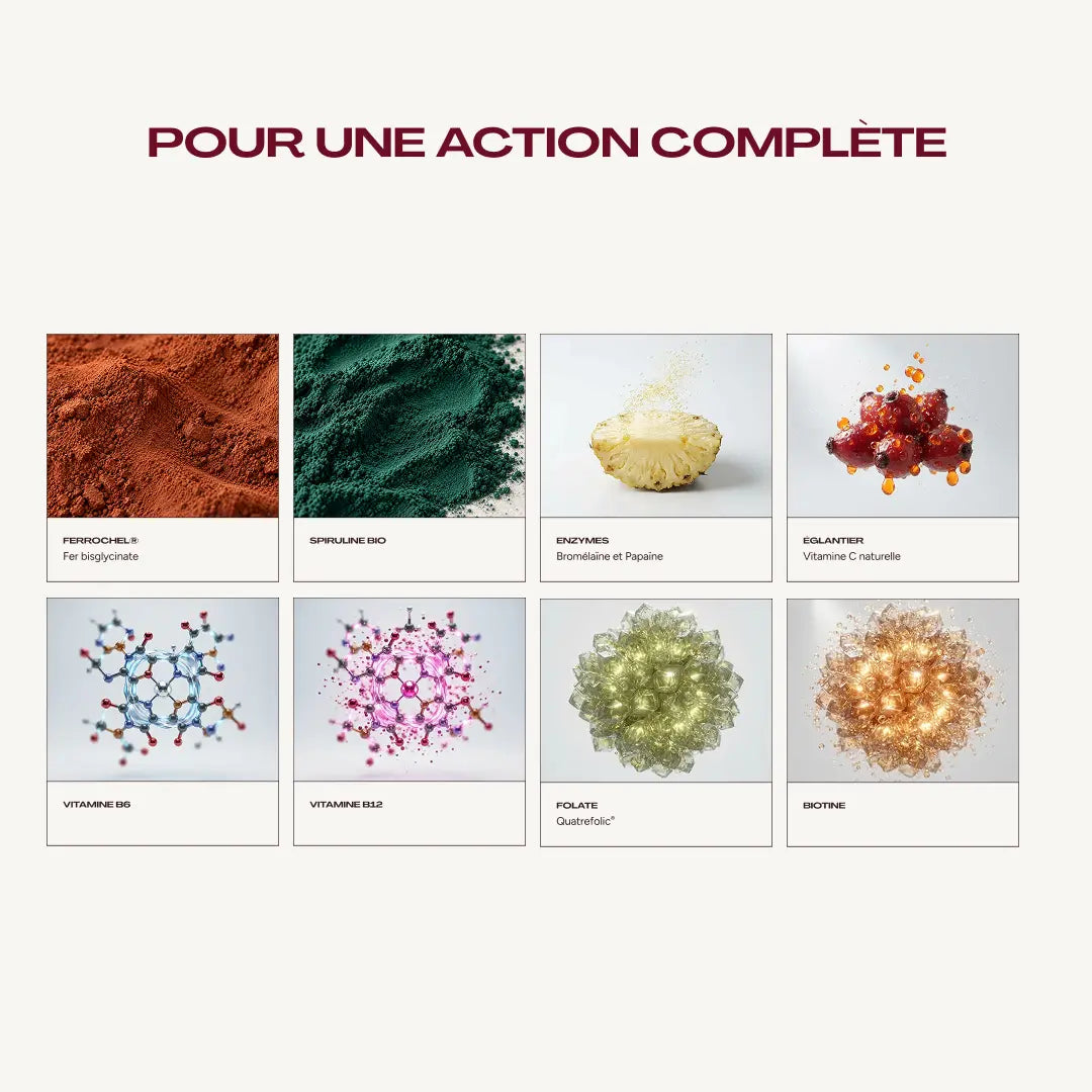 Infographic of the 8 actives in Iron Forte Enzyme+, each illustrated. Text: "For complete action. Ferrochel®: iron bisglycinate. Organic spirulina. Enzymes: bromelain and papain. Rosehip: natural vitamin C. Vitamin B6. Vitamin B12. Folate: Quatrefolic®. Biotin"