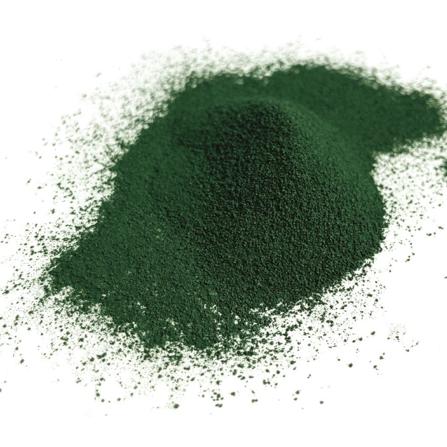 Petit tas de poudre de spiruline vert foncé sur fond blanc