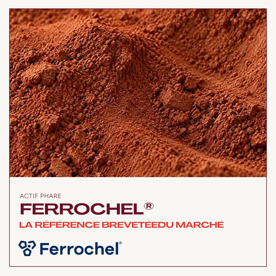 Close-up of a reddish-brown powder evoking iron. Text: "Key active: Ferrochel®, the market's patented benchmark". Ferrochel® logo