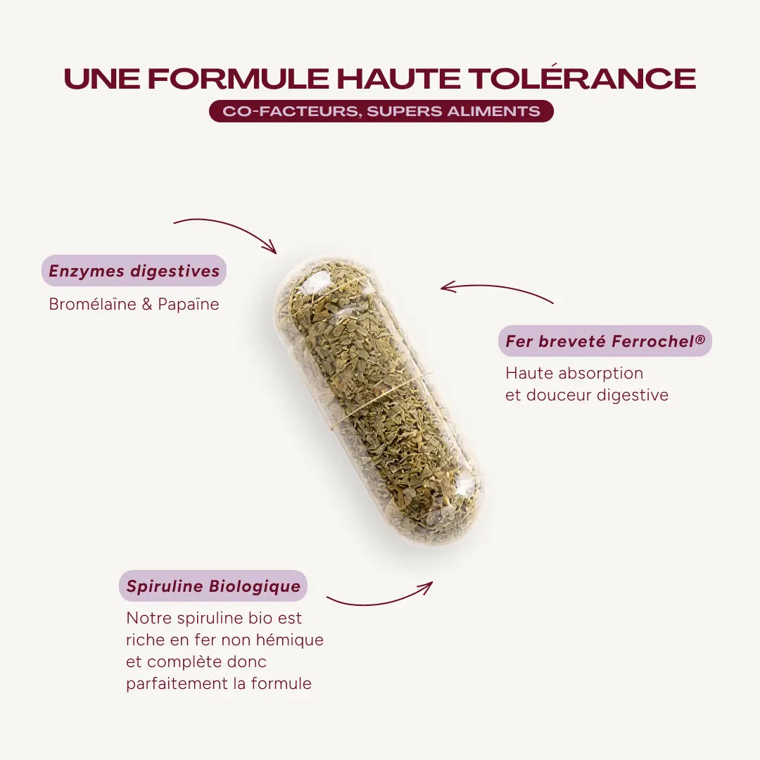 A highly tolerable formula – cofactors, superfoods. Digestive enzymes: bromelain and papain. Patented Ferrochel® iron: high absorption and gentle on digestion. Organic spirulina: our organic spirulina is rich in non-haem iron and therefore perfectly complements the formula 