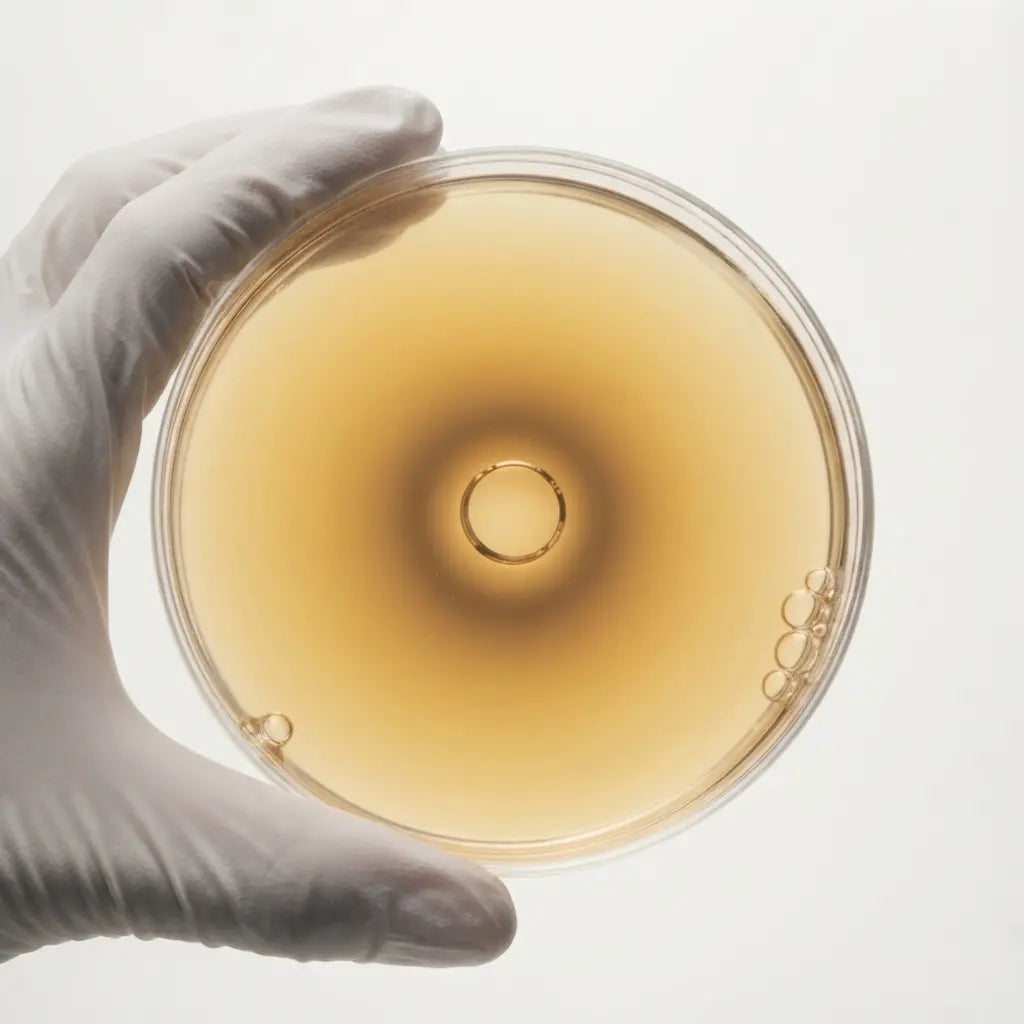 Main gantée de laboratoire tenant une boîte de Petri remplie d’un liquide doré, sur fond blanc