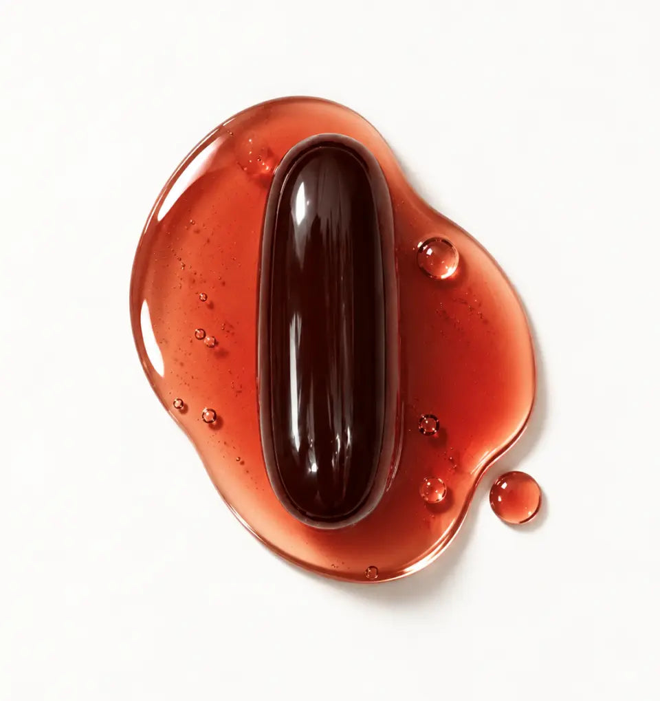 Capsule souple ODAK 3+ posée dans une goutte d’huile ambrée, vue du dessus sur fond blanc