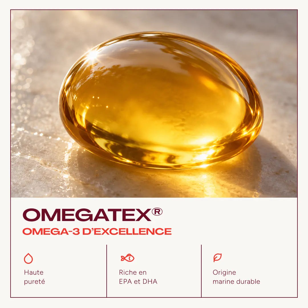 Capsule d'oméga-3 OMEGATEX® d'ODAK 3+ par Odakare : haute pureté, riche en EPA et DHA, d'origine marine durable