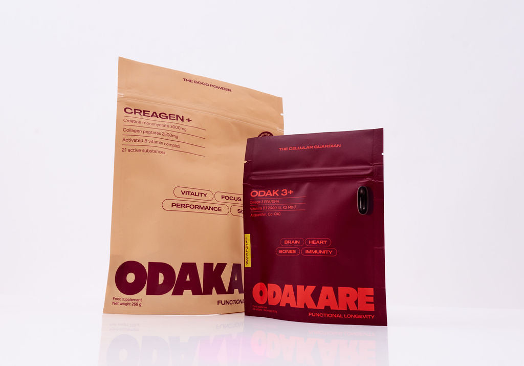 Odakare OK360 pack: beige Creagen+ Cappuccino pouch and burgundy ODAK 3+ pouch, side by side on a white background