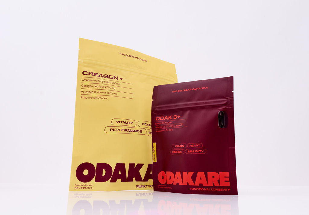 Pack OK360 d’Odakare : sachet jaune Creagen+ saveur Exotic et sachet bordeaux ODAK 3+, côte à côte sur fond blanc