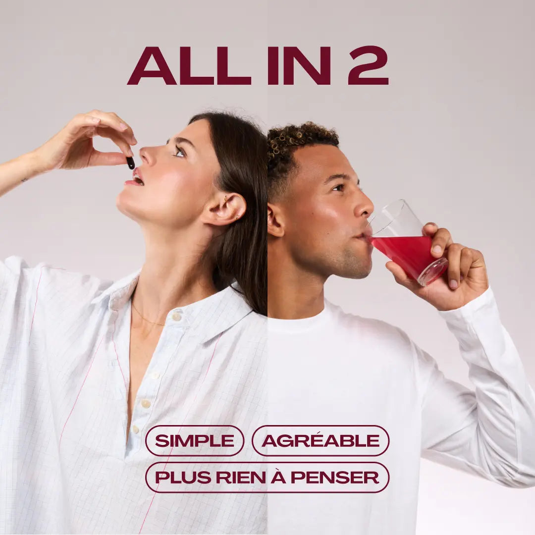 Pack OK 360 d'Odakare « All in 2 » : une femme prend une capsule ODAK 3+ et un homme boit CREAGEN+, une routine simple et agréable