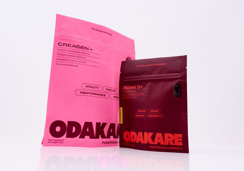 Pack OK360 d’Odakare : sachet rose Creagen+ saveur Red Berries et sachet bordeaux ODAK 3+, côte à côte sur fond blanc