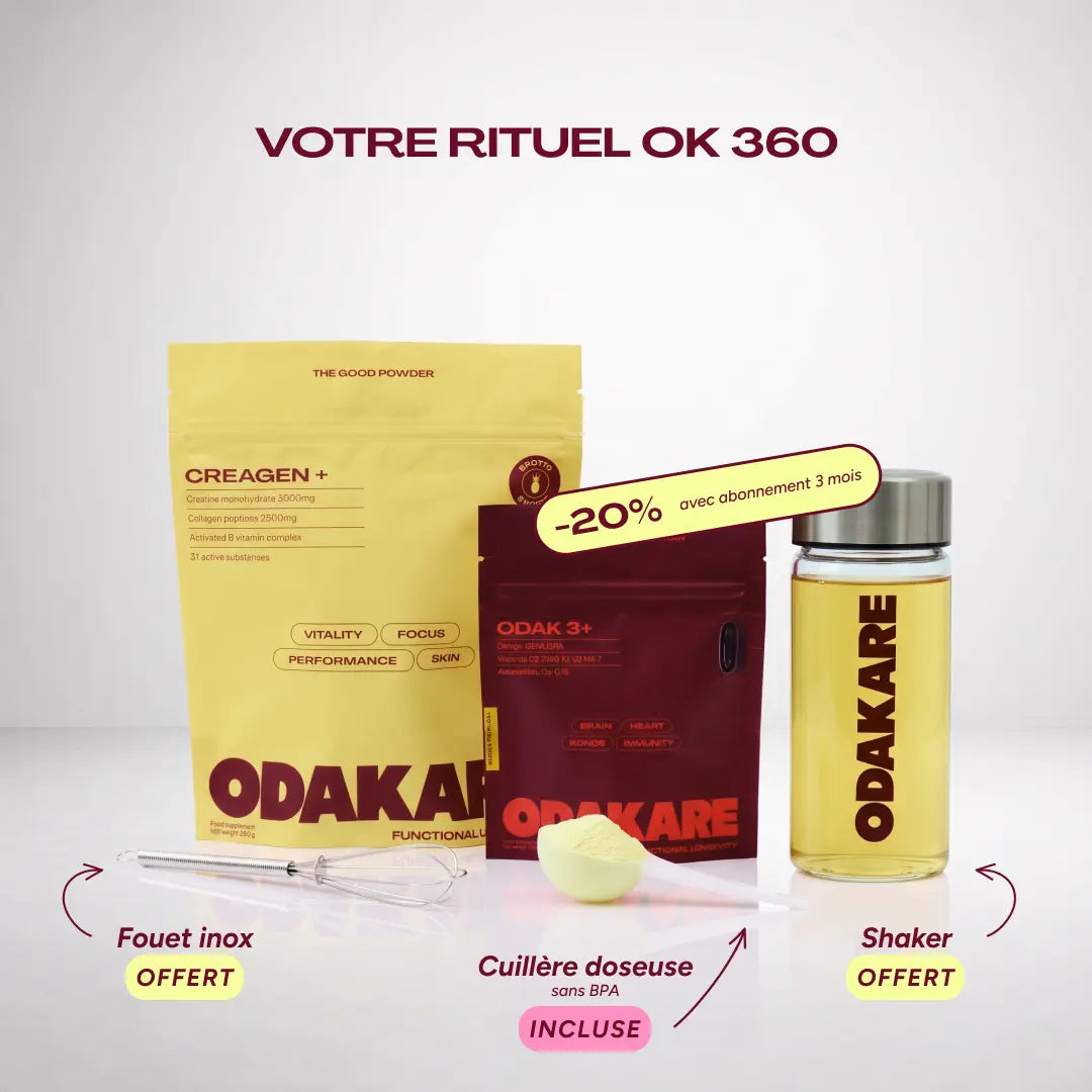Rituel OK 360 d’Odakare : sachet jaune Creagen+ saveur Exotic, sachet bordeaux ODAK 3+, shaker en verre Odakare, fouet inox et cuillère doseuse de poudre. Texte : « Votre rituel OK 360. −20 % avec abonnement 3 mois. Fouet inox offert. Cuillère doseuse sans BPA incluse. Shaker offert »